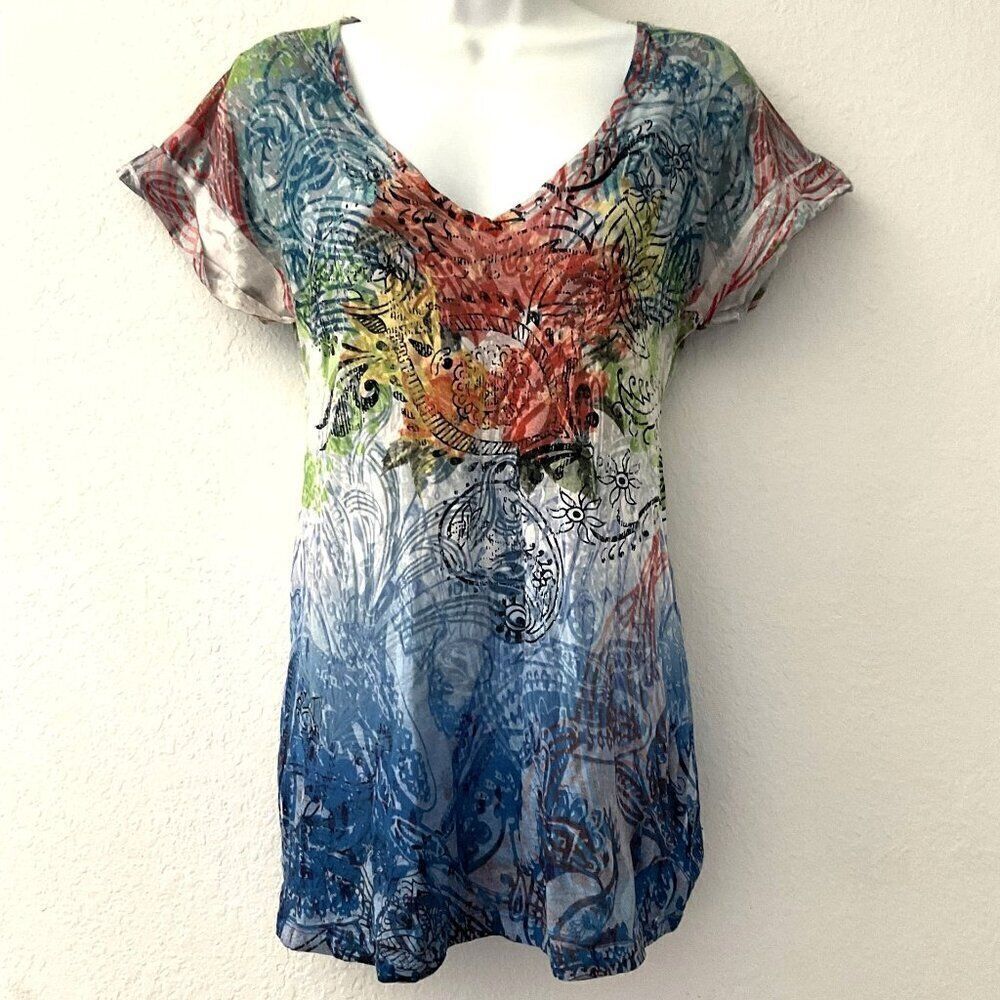 Y2K Daytrip Buckle Floral Ombre V-Neck Tee L